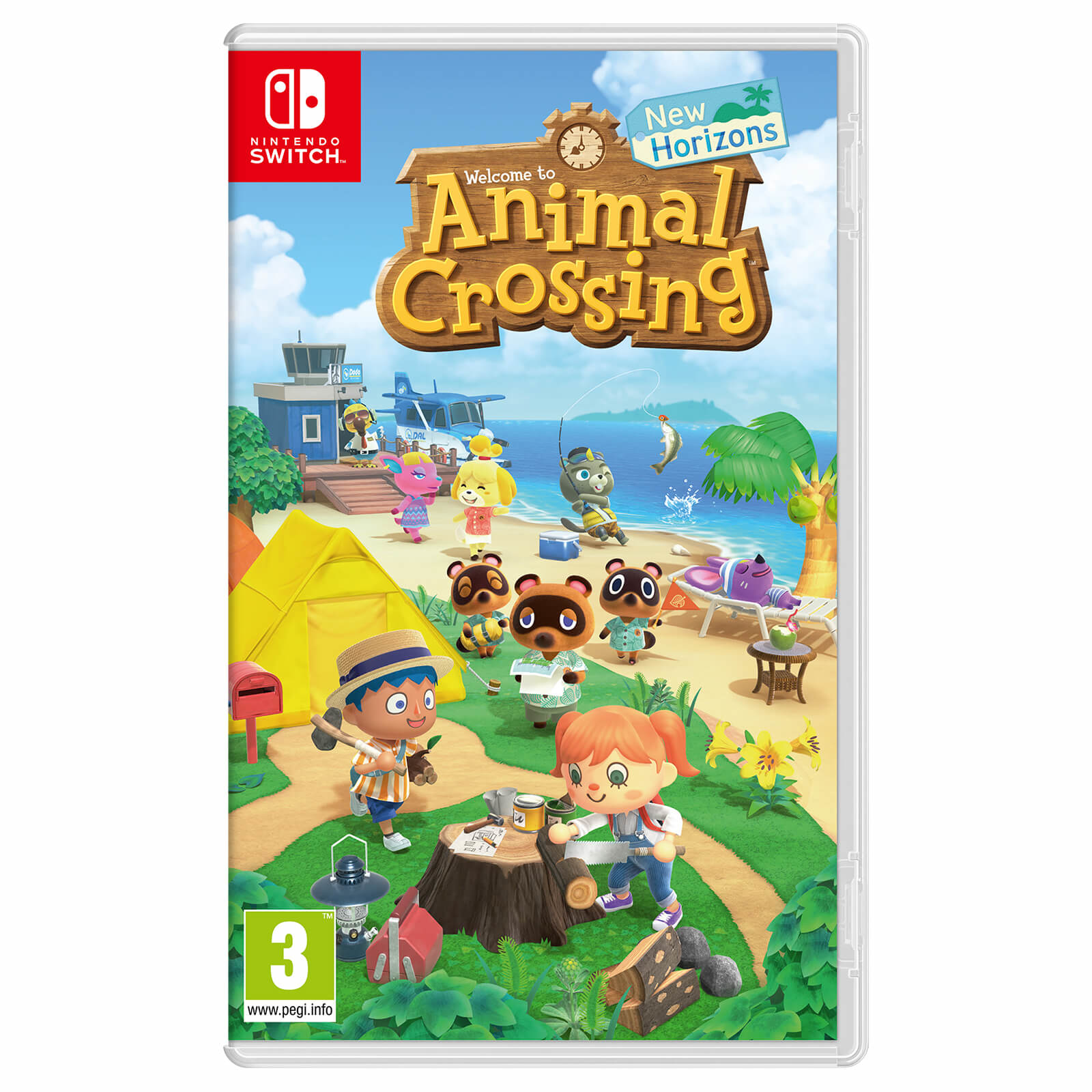Animal Crossing Spielcover. Charaktere am Strand mit Zelt und Flugzeug.