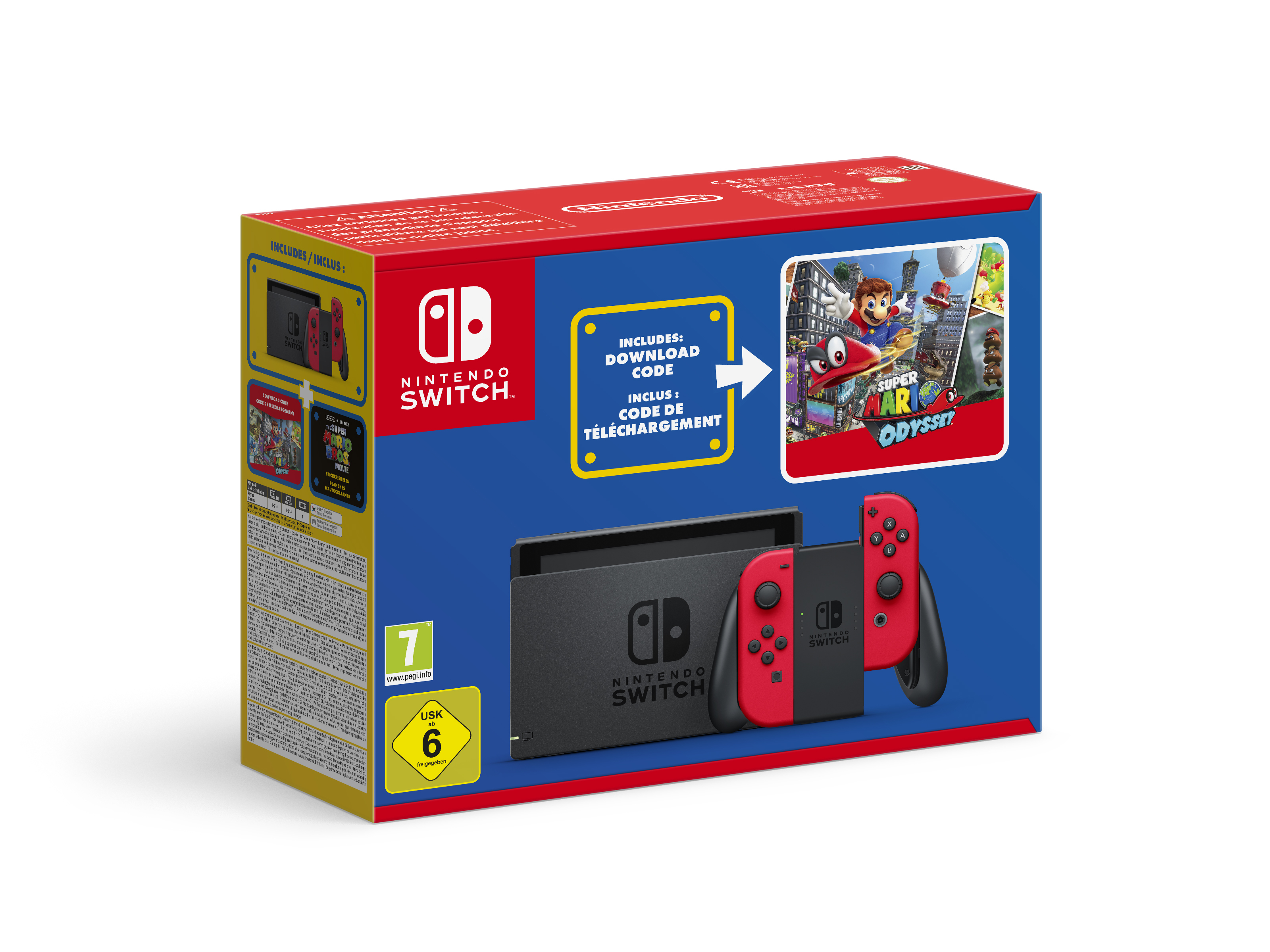 Un set de caja Nintendo Switch con consola y mandos, y el juego Super Mario Odyssey.
