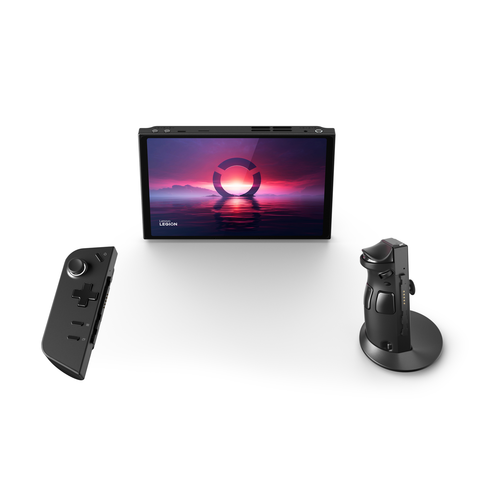 Dispositivo di gioco portatile Lenovo Legion Go nero con controller e supporto.