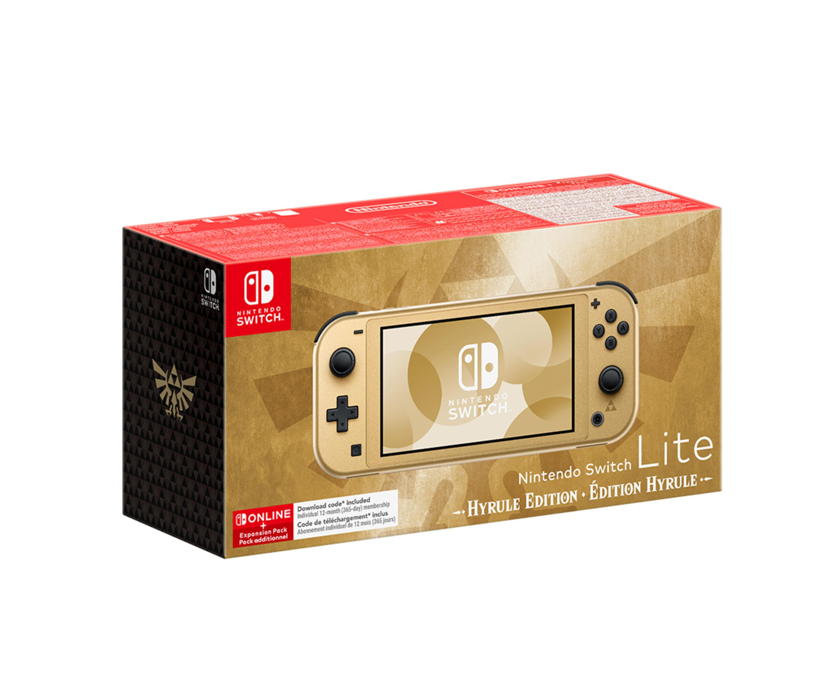 Złote pudełko Nintendo Switch Lite. Pudełko pokazuje konsolę i ma markę Zelda.