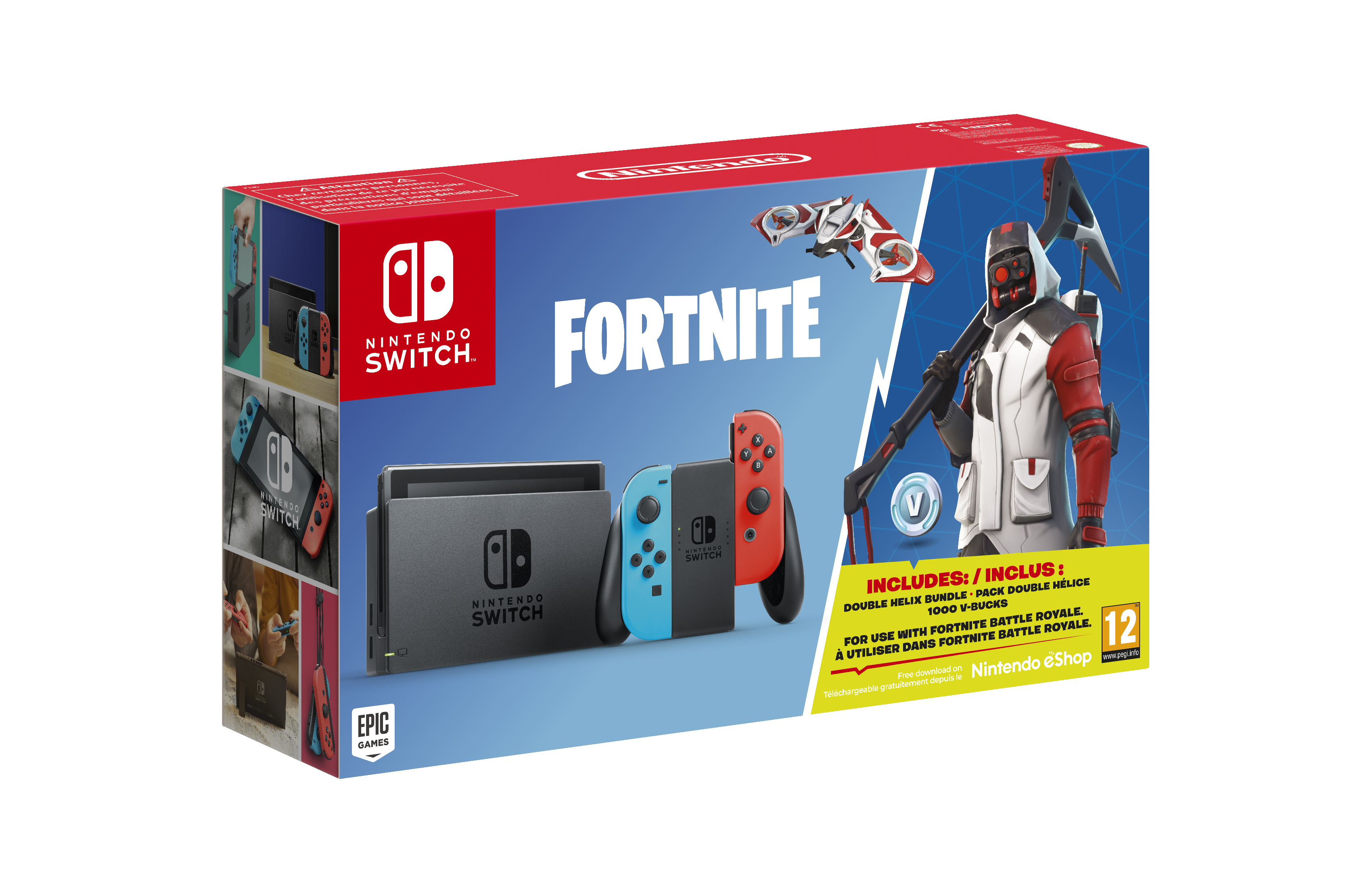 Fortnite Nintendo Switch Bundle-Box. Enthält Konsole, Controller, Spiel und Charaktergrafik.