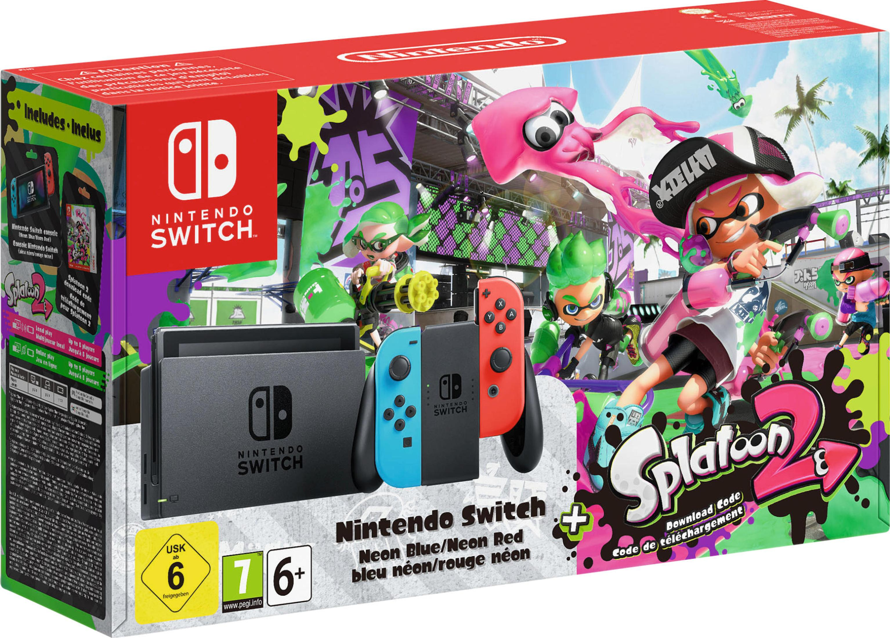 Nintendo Switch Spielbox. Es zeigt Charaktere von Splatoon 2 und die Konsole mit Controllern.