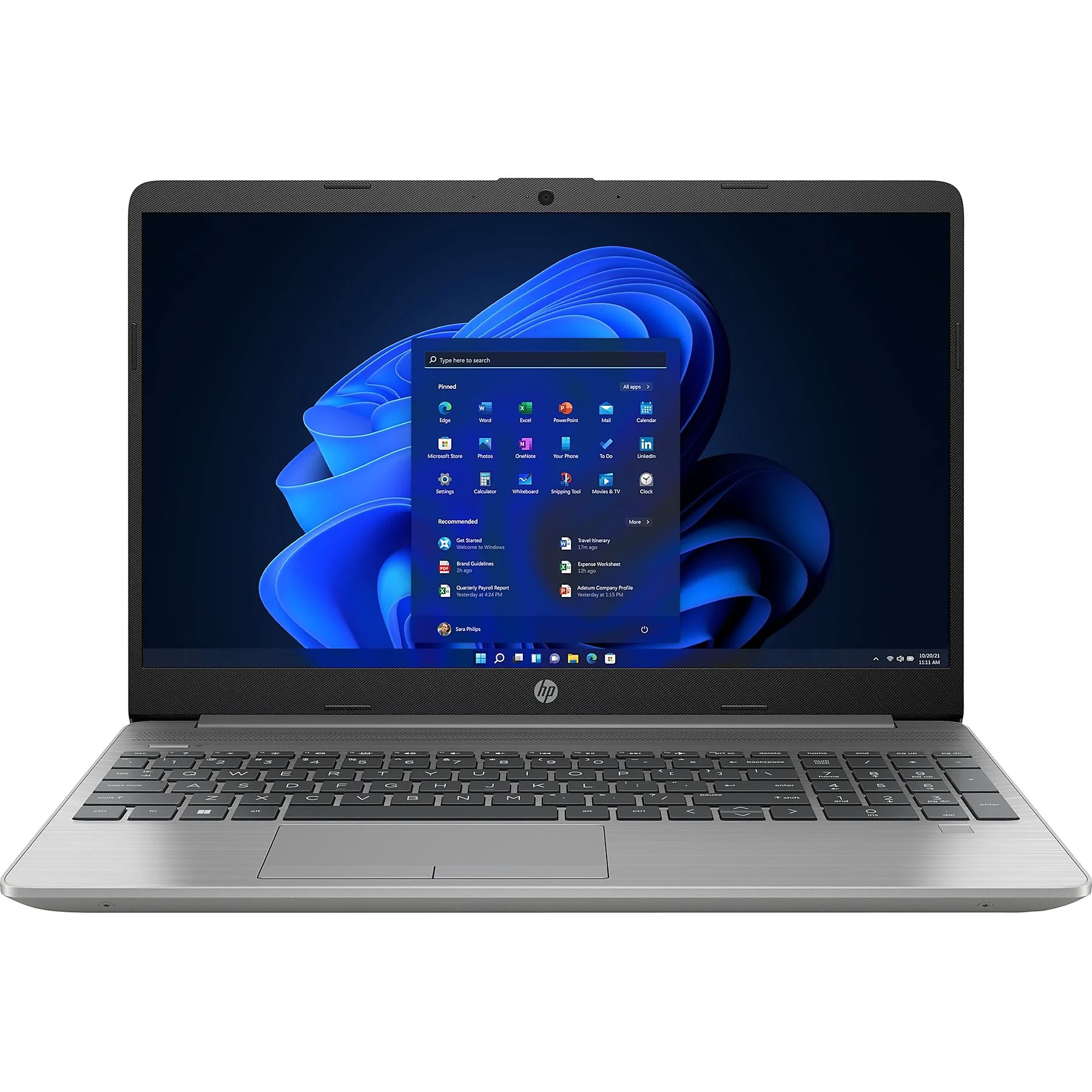 Silberner Laptop geöffnet, Windows-Bildschirm. Schwarze Tastatur, grauer Rahmen und HP-Logo sichtbar.