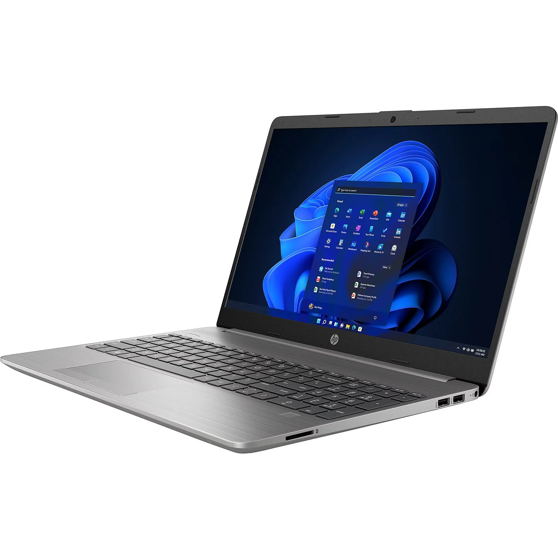 Silberner Laptop auf einem Tisch mit blauem Bildschirm.