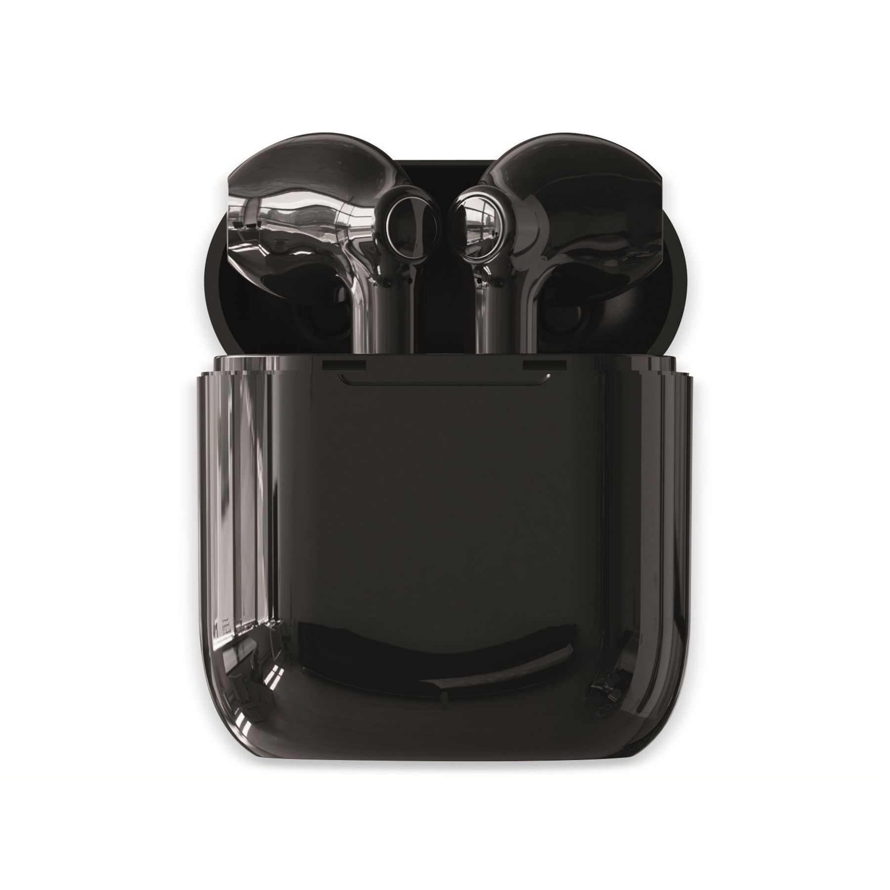 Czarne bezprzewodowe słuchawki w czarnym etui ładującym. Etui jest otwarte i na białym tle.