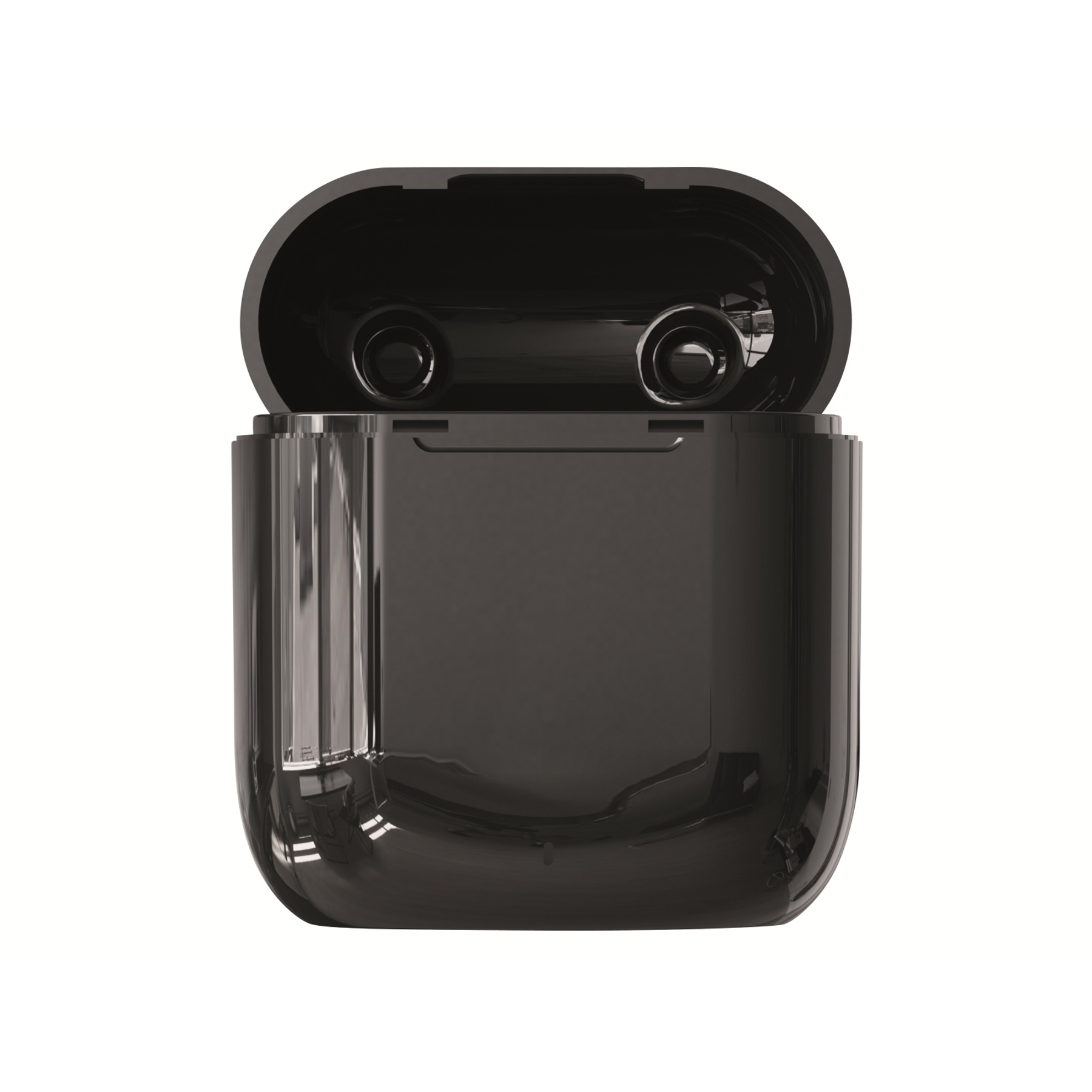 Czarny futerał ładujący do słuchawek jest otwarty, odsłaniając wewnętrzne wnęki na słuchawki.