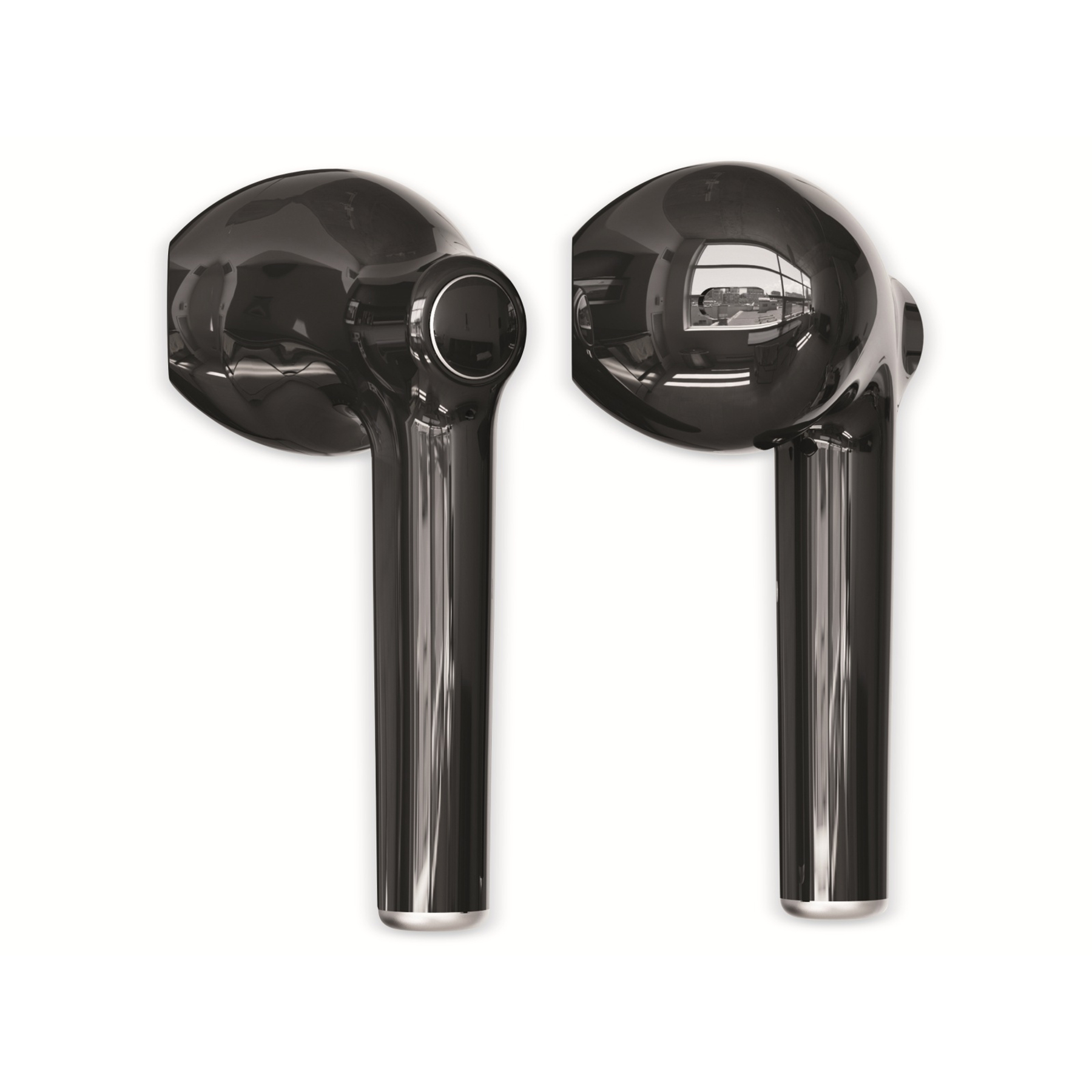 Dwa błyszczące czarne bezprzewodowe słuchawki obok siebie na białym tle.