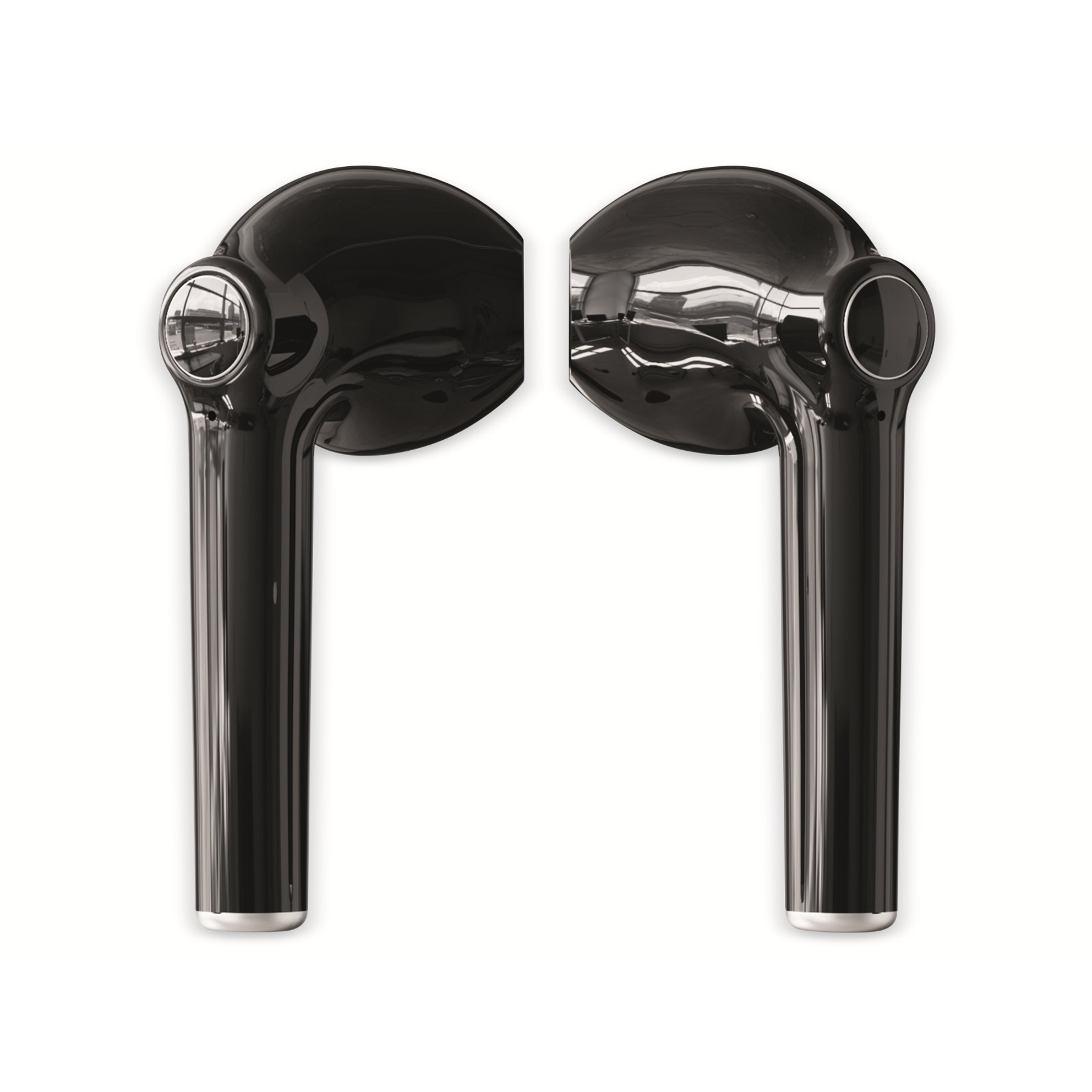 Dwa czarne bezprzewodowe słuchawki, błyszczące wykończenie, na białym tle.