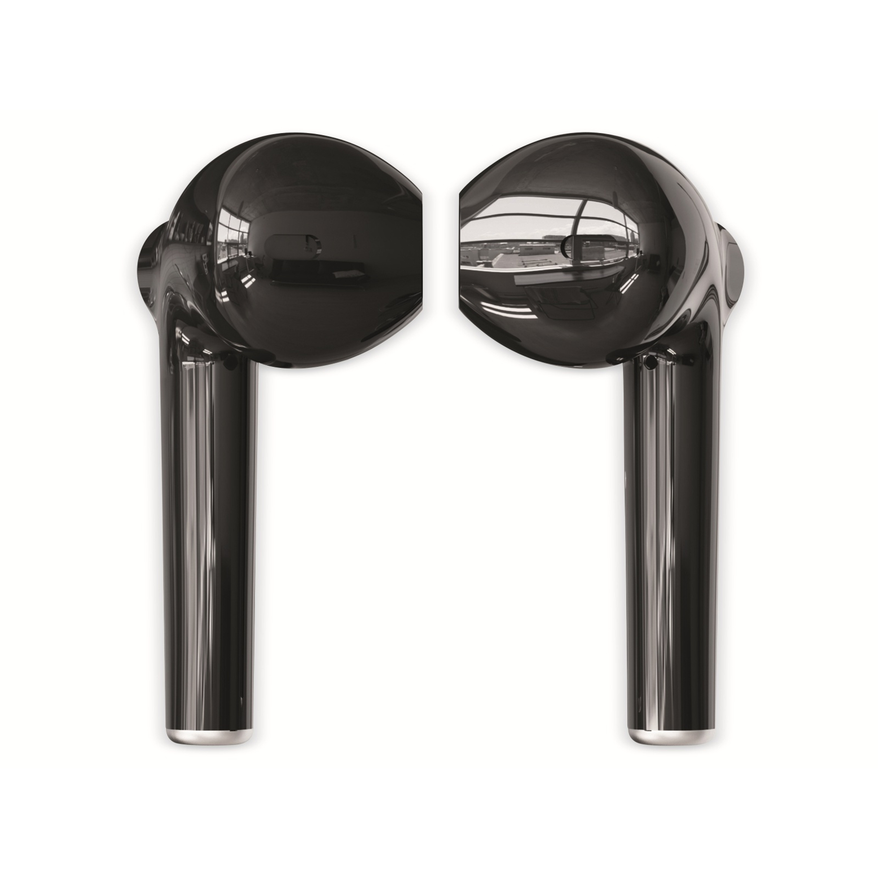 Dwa czarne bezprzewodowe słuchawki na białym tle. Smukły, błyszczący design.