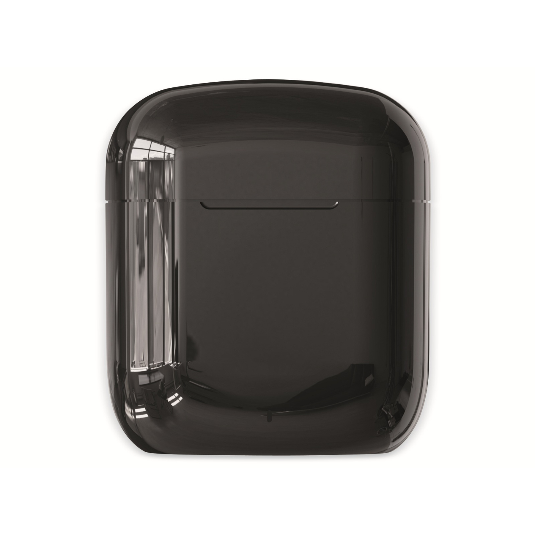 Czarny błyszczący futerał ładujący do słuchawek na białym tle.