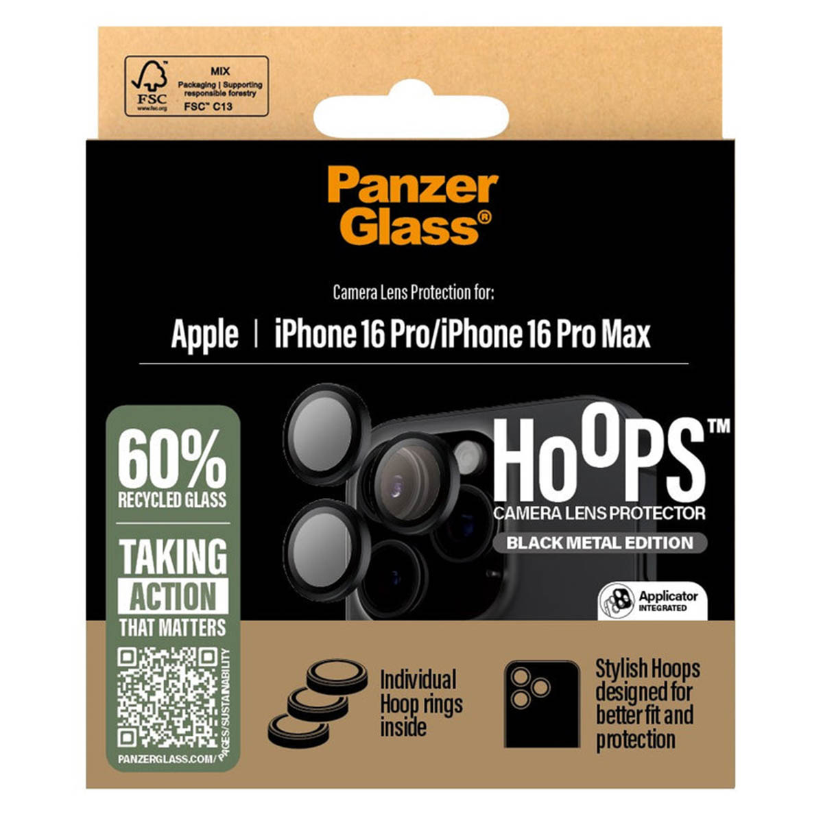 Confezione PanzerGlass per la protezione dell'obiettivo della fotocamera. Il testo include 'iPhone 16 Pro/Pro Max', 'Hoops' e '60% vetro riciclato'.
