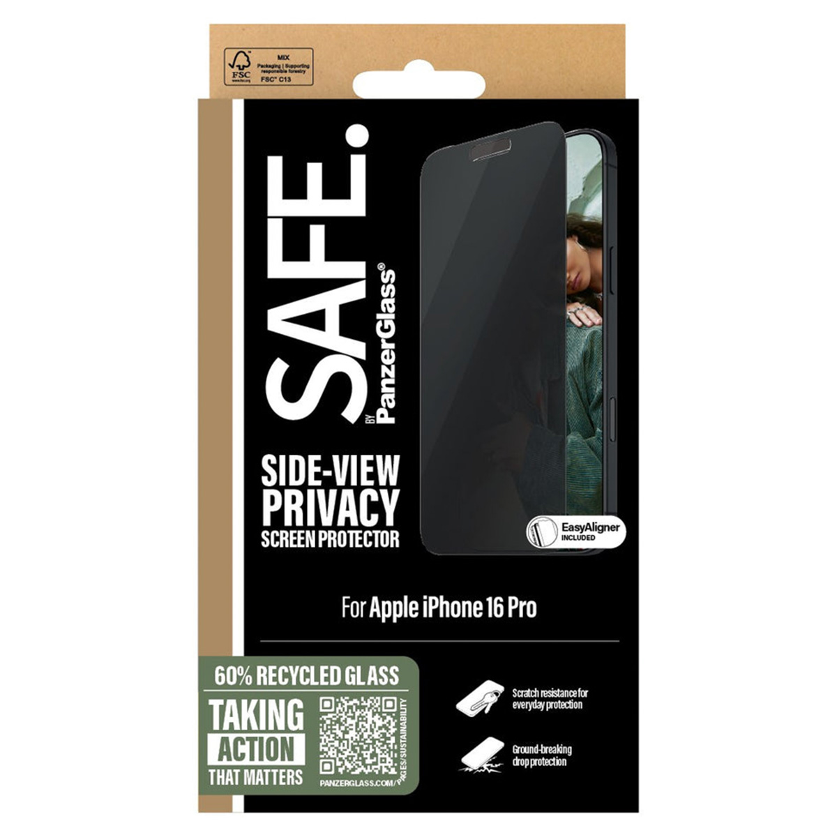 Scatola di protezione schermo nera per Apple iPhone 16 Pro con immagine del telefono. Il marchio è SAFE by PanzerGlass.