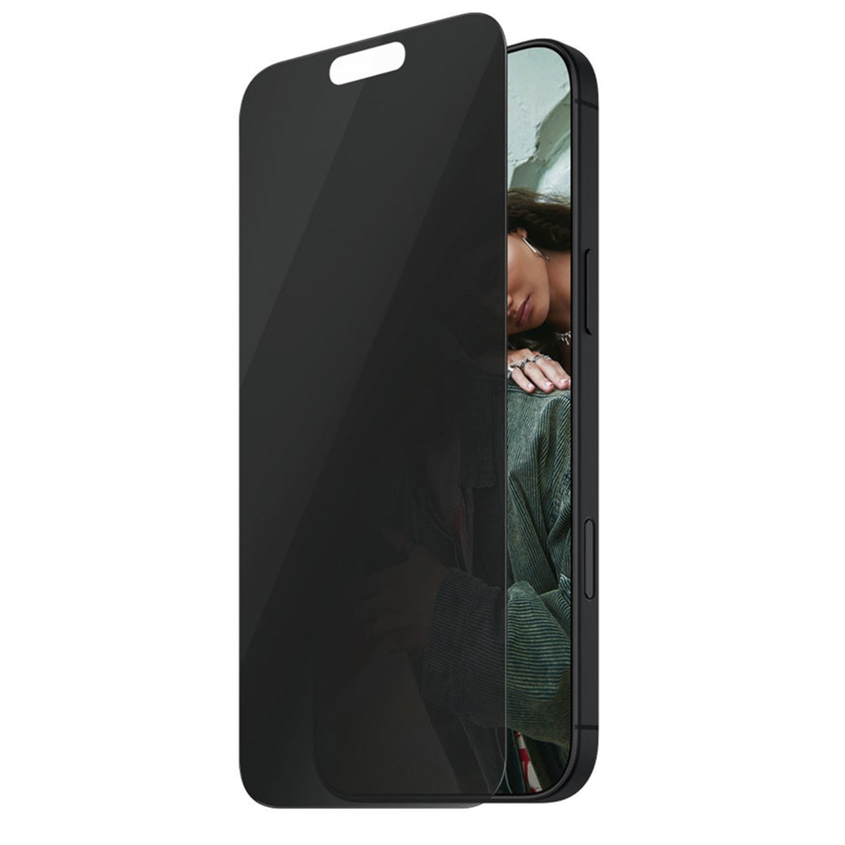 Telefono nero con protezione schermo. Sullo schermo si vede una persona.
