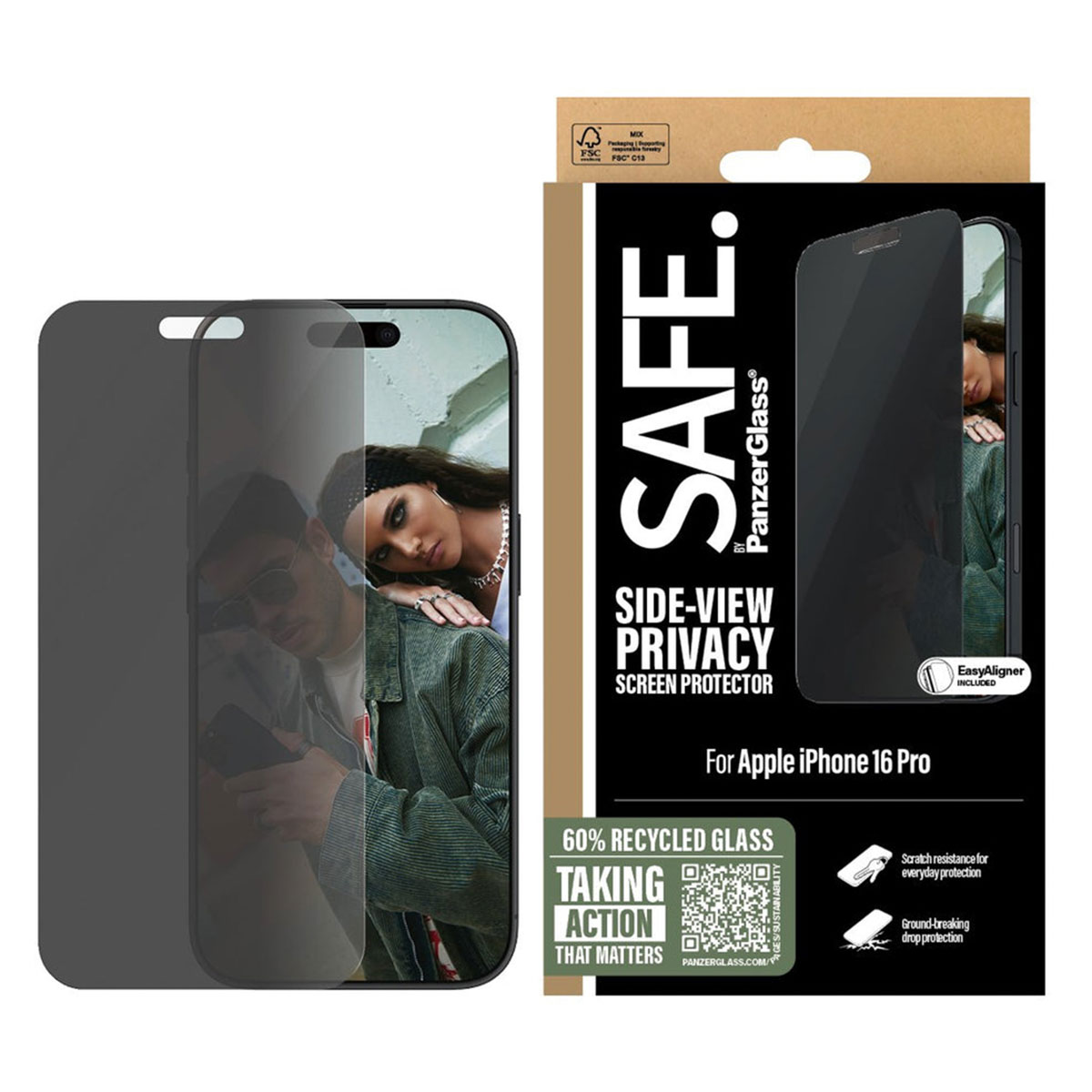 Protezione schermo per iPhone 16 Pro e confezione. Include un telefono con il volto di una donna visibile.