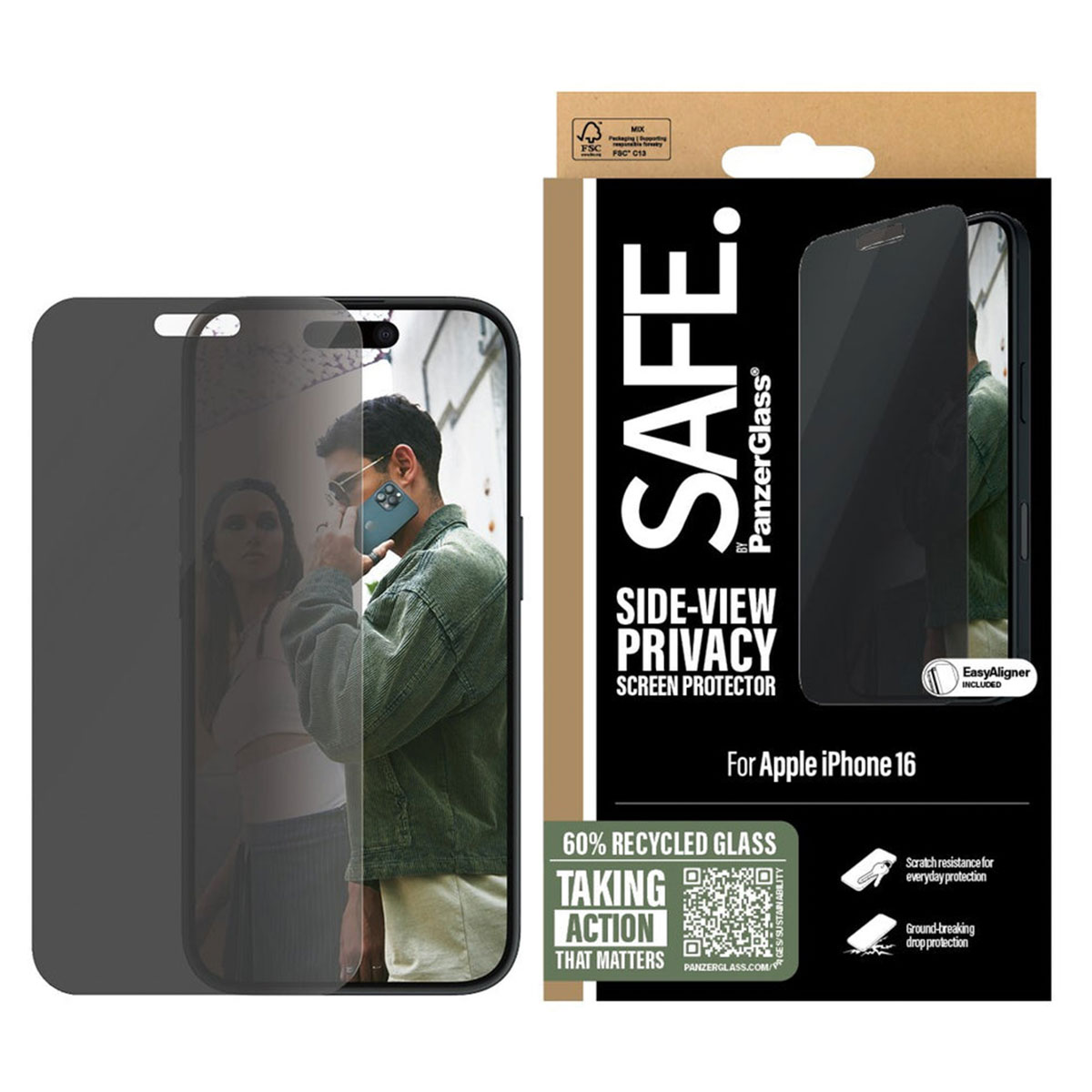 Un telefono con una protezione per lo schermo, una scatola della protezione e una persona che tiene il telefono.
