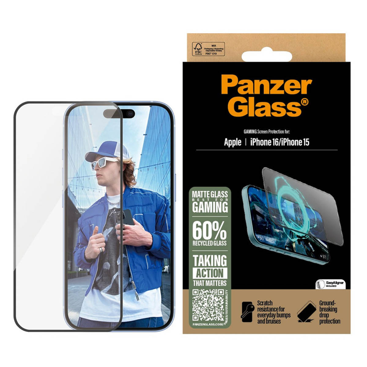 Ekran koruyucu ve iPhone içeren ambalaj. Metin 'Matte Glass for Gaming' diyor.