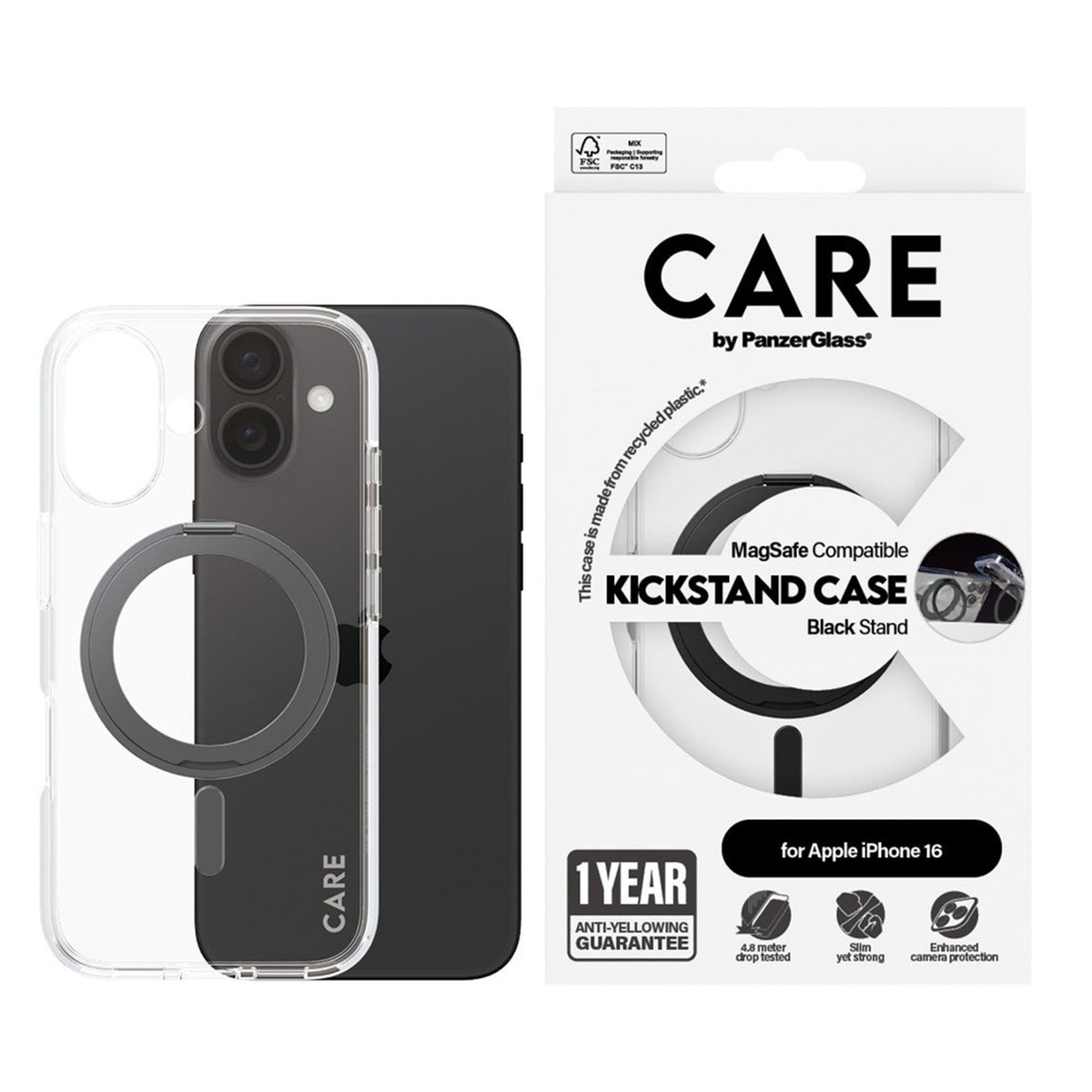 MagSafe'li telefon kılıfı ve telefon. Ambalaj gösteriliyor.