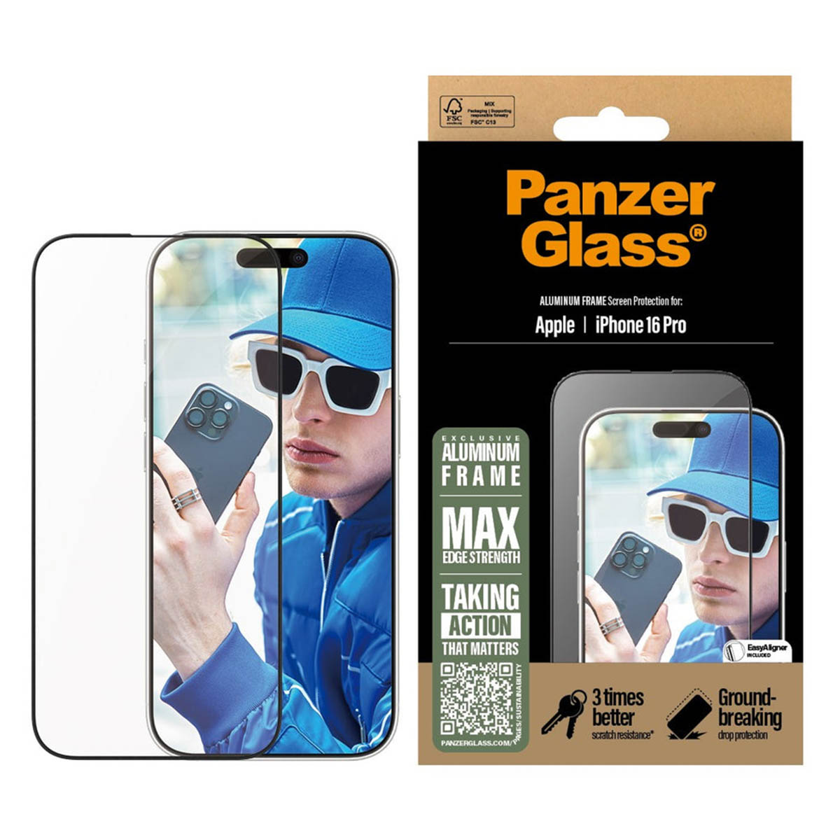 Doos met een schermbeschermer, telefoonafbeelding en tekst. Een man met een zonnebril staat op de afbeelding.