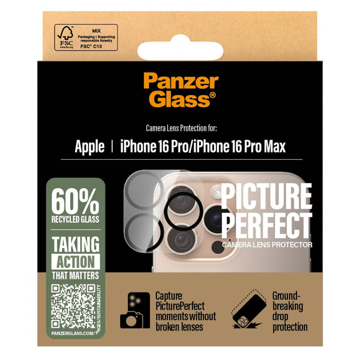 Confezione per protezione lente fotocamera. Testo: SAFE, PanzerGlass. Immagine del telefono con protezione lente.