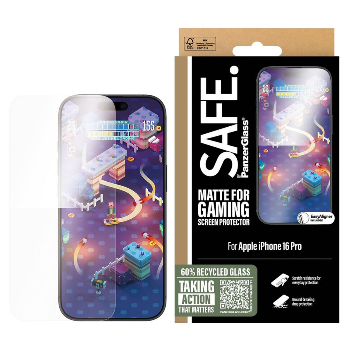 Telefon z ochroną ekranu i pudełkiem. Wyświetla pikselowaną grę. Tekst: Matte for Gaming Screen Protector.