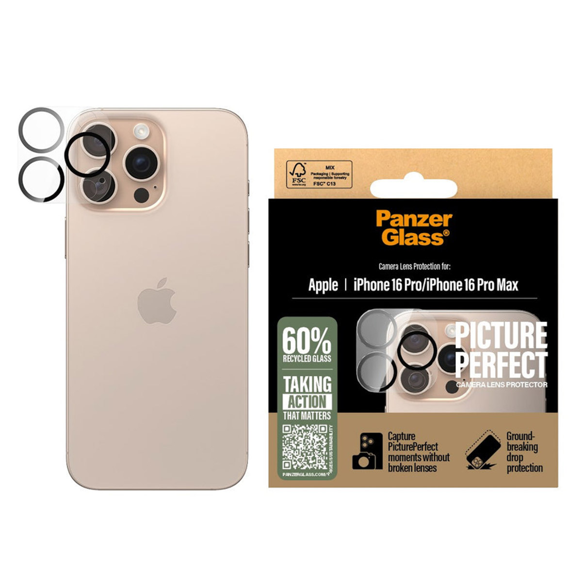 iPhone con protezioni per fotocamera. Una scatola con il marchio PanzerGlass e la custodia del telefono.