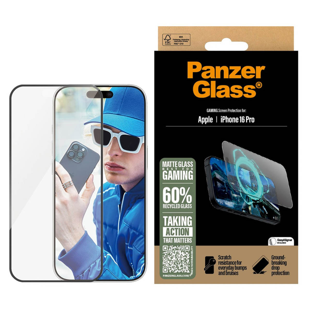 Ekran koruyuculu telefon, oyun sahnesi, güneş gözlüklü adam.