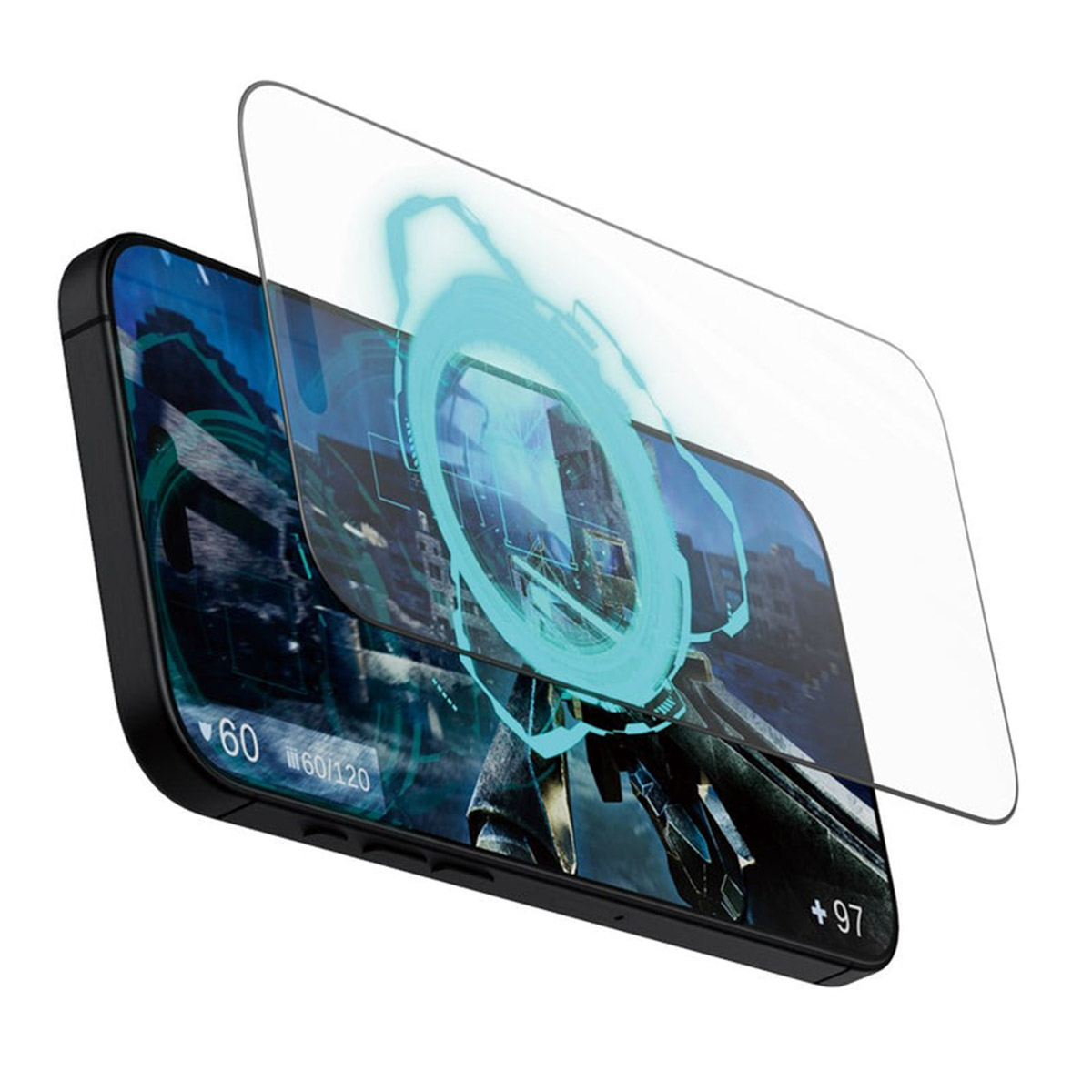 Teléfono con protector de pantalla. Escena del juego visible.