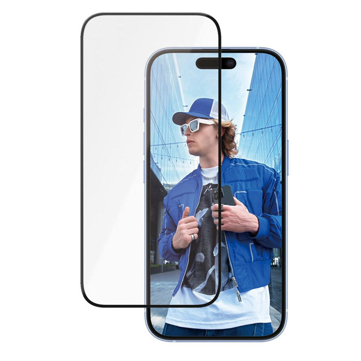 Ekran koruyucu takılı bir telefon. Telefon, mavi ceket ve güneş gözlüğü takan bir adamı gösteriyor.