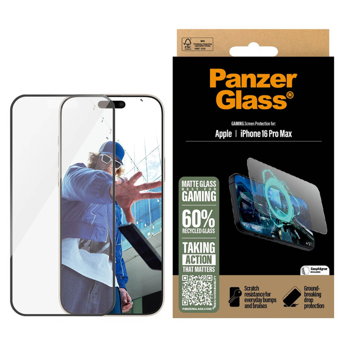 Teléfono con protector de pantalla, con un hombre con gafas de sol y las palabras 'Matte Glass For Gaming'.
