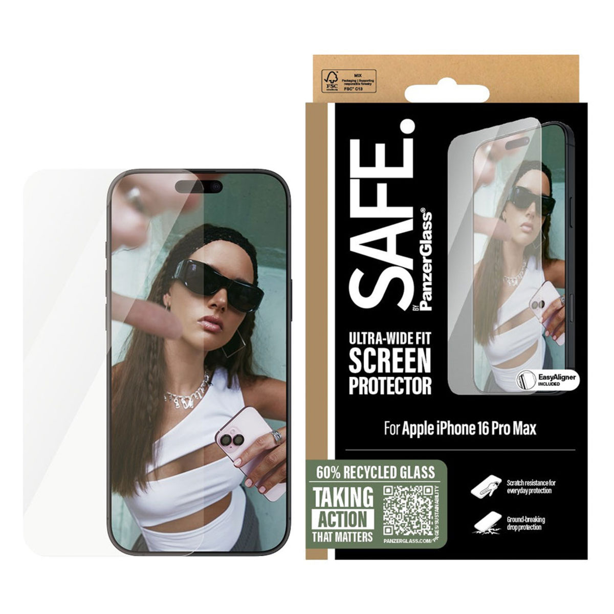 Confezione e protezione schermo del telefono. Donna con telefono rosa, occhiali da sole.