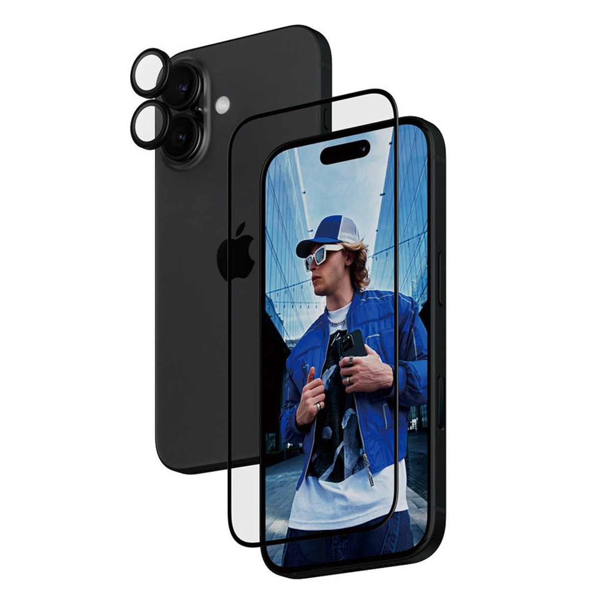 Zwarte telefoon met een schermbeschermer, met een man voor een gebouw.