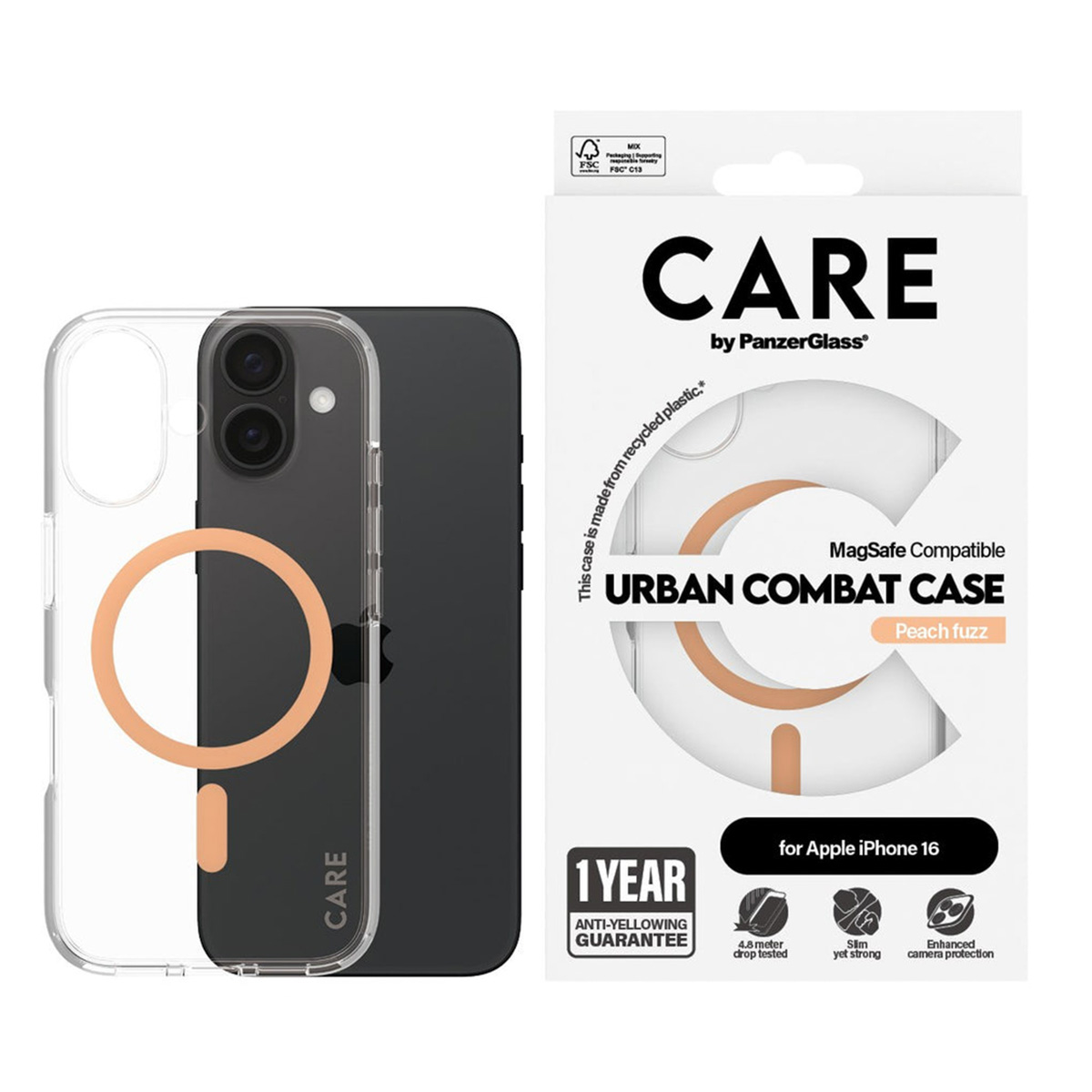 PANZERGLASS Flagship iPhone 16 MagSafe Uyumlu Urban Combat Şeffaf-Şeftali Telefon Kılıfı Kılıf Turuncu