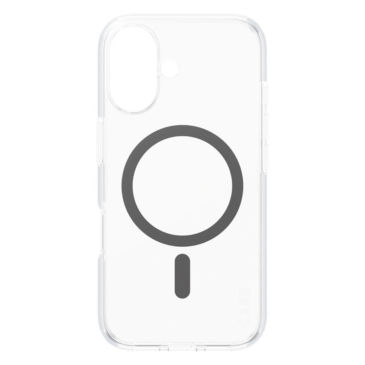 Dairesel manyetik özellikli şeffaf bir telefon kılıfı. Kılıf, siyah bir daire ve bir çizgi ile şeffaftır.
