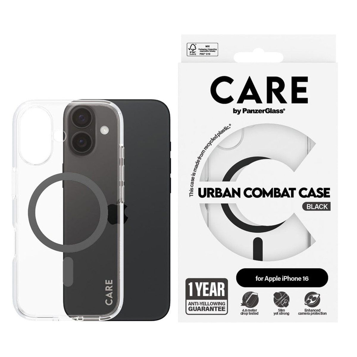 Şeffaf ve siyah bir telefon kılıfı, 'CARE' markalı bir kutunun yanında duruyor.