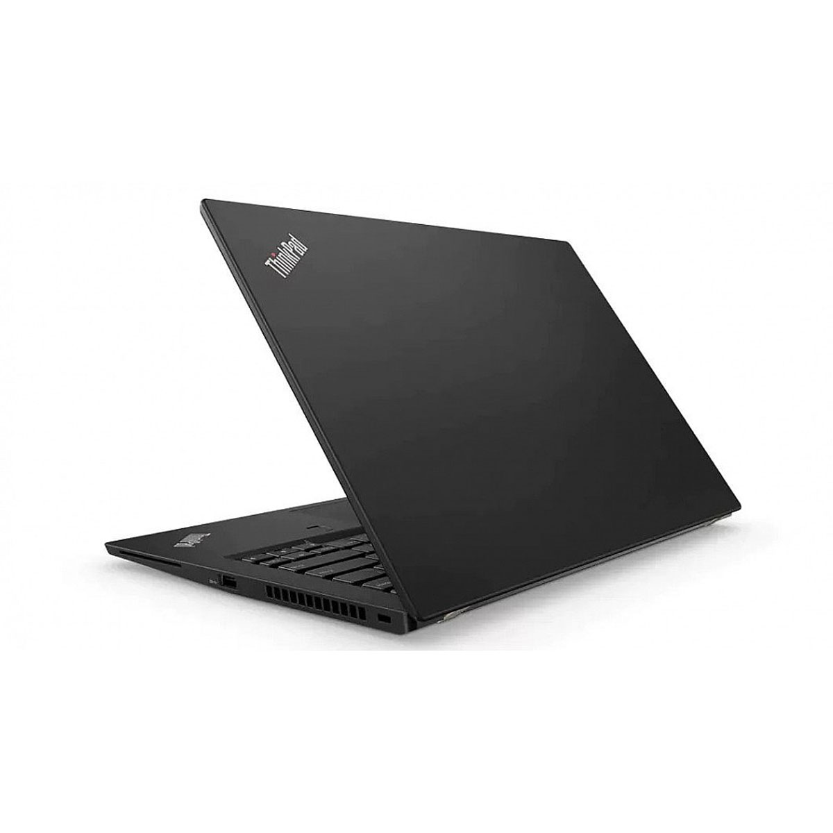 Black laptop with opened lid, ThinkPad logo visible. White background.