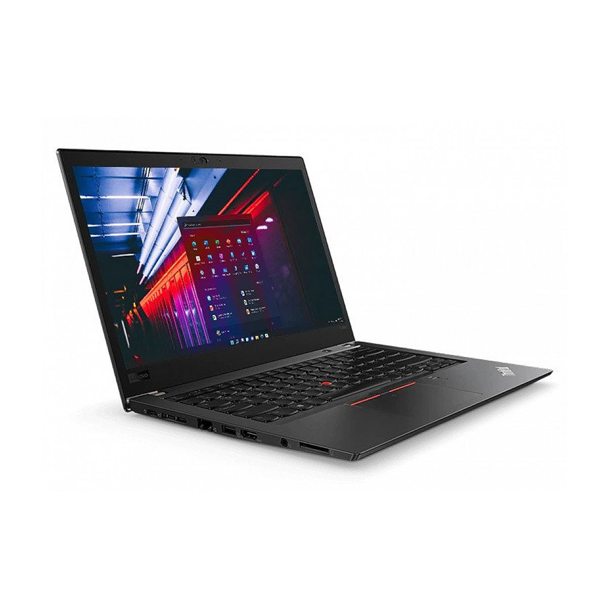 Black Lenovo ThinkPad laptop. The screen shows a colorful interface. The laptop is on a white surface.