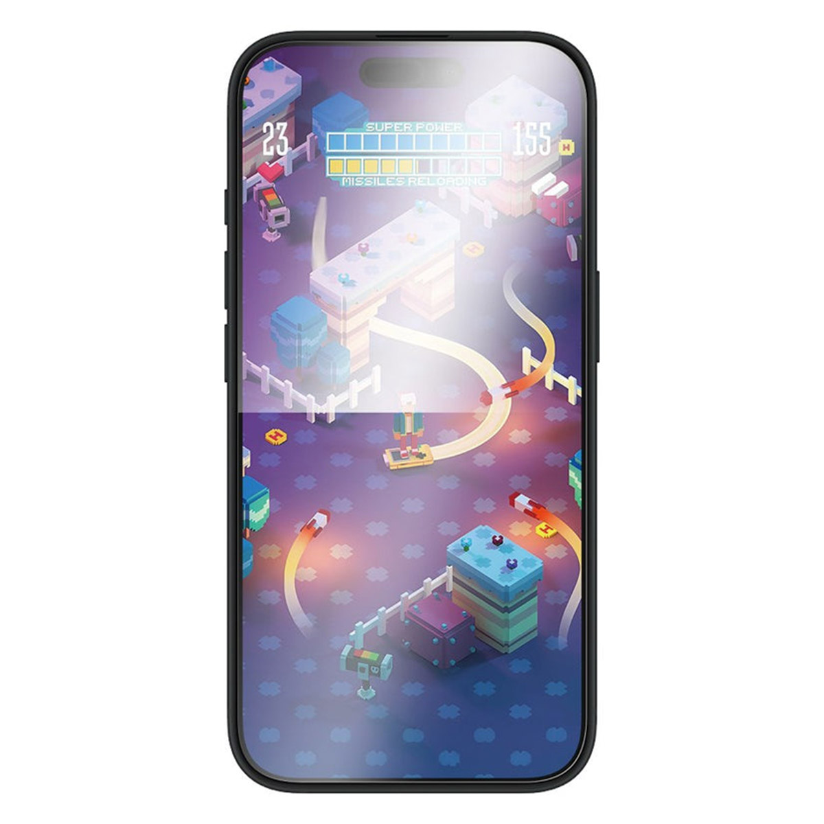 iPhone z ochraniaczem ekranu. Pikselowa gra jest wyświetlana na ekranie.