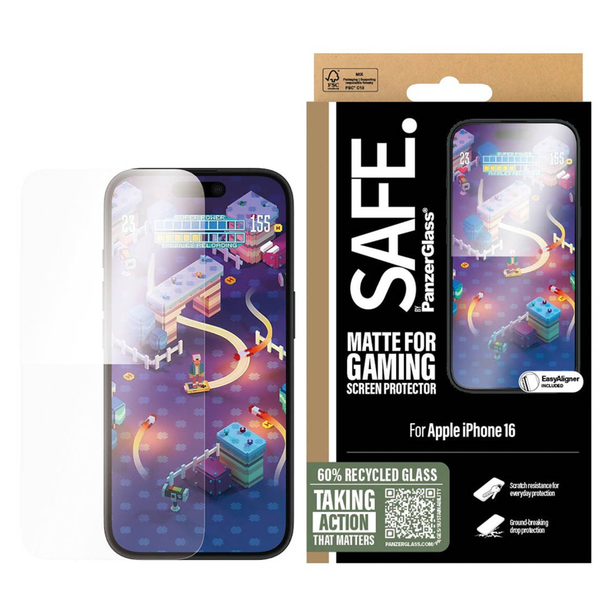 Telefon z ochroną ekranu i pudełkiem. Wyświetla pikselowaną grę. Tekst: Matte for Gaming Screen Protector.