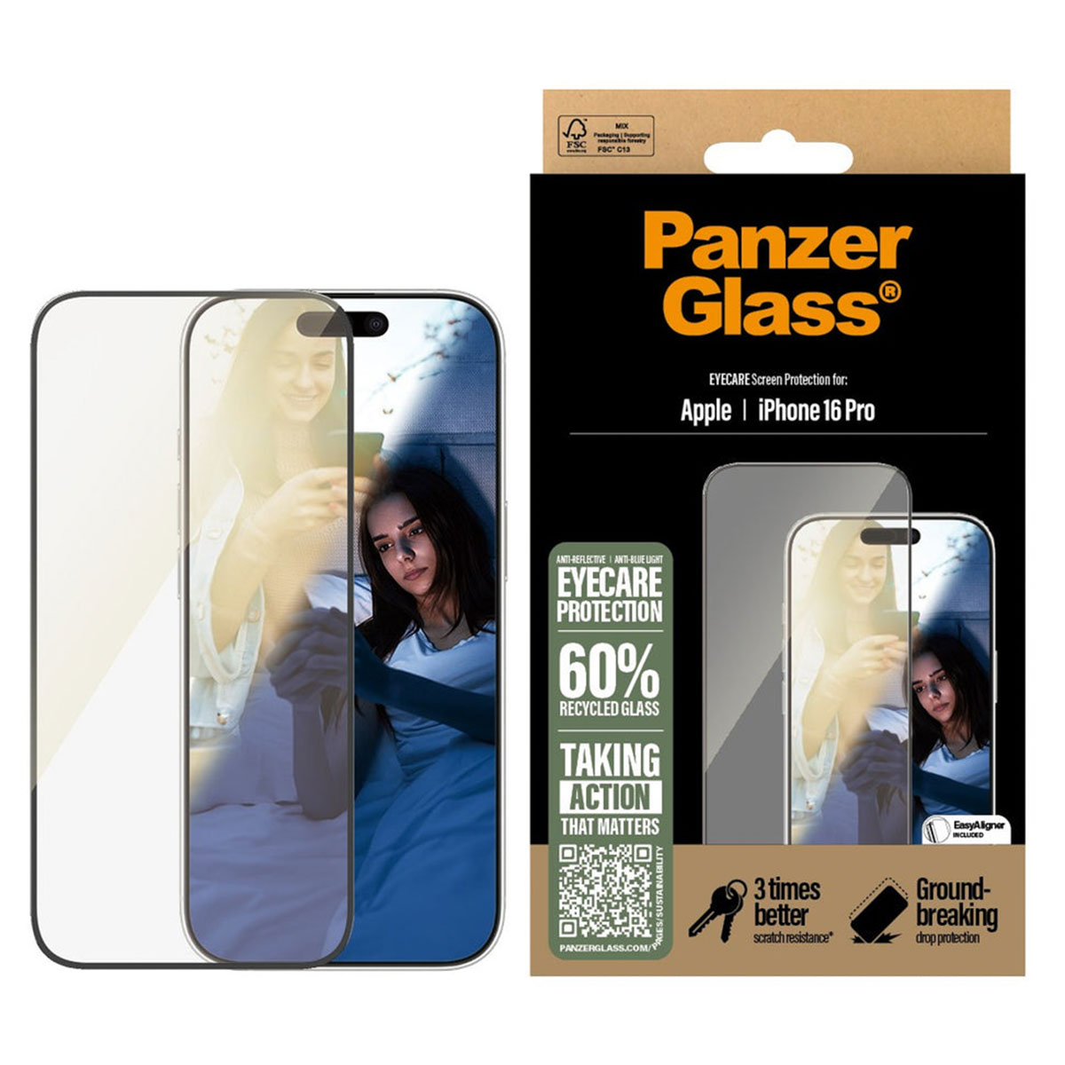 Ochraniacz ekranu do iPhone'a z kobietą korzystającą z telefonu. Pokazano opakowanie produktu.