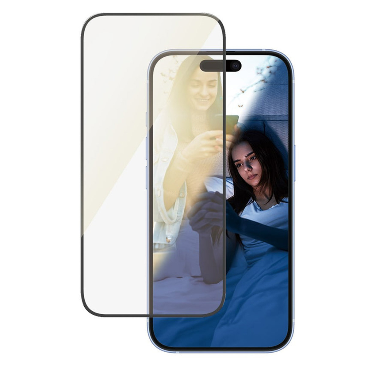 Een telefoon met een schermbeschermer erop, met twee vrouwen. De beschermer is zichtbaar.