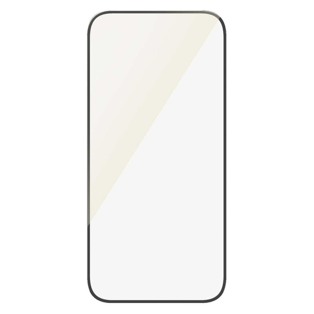 Een rechthoekige telefoonschermbeschermer, transparant, met een zwarte rand. Witte achtergrond.