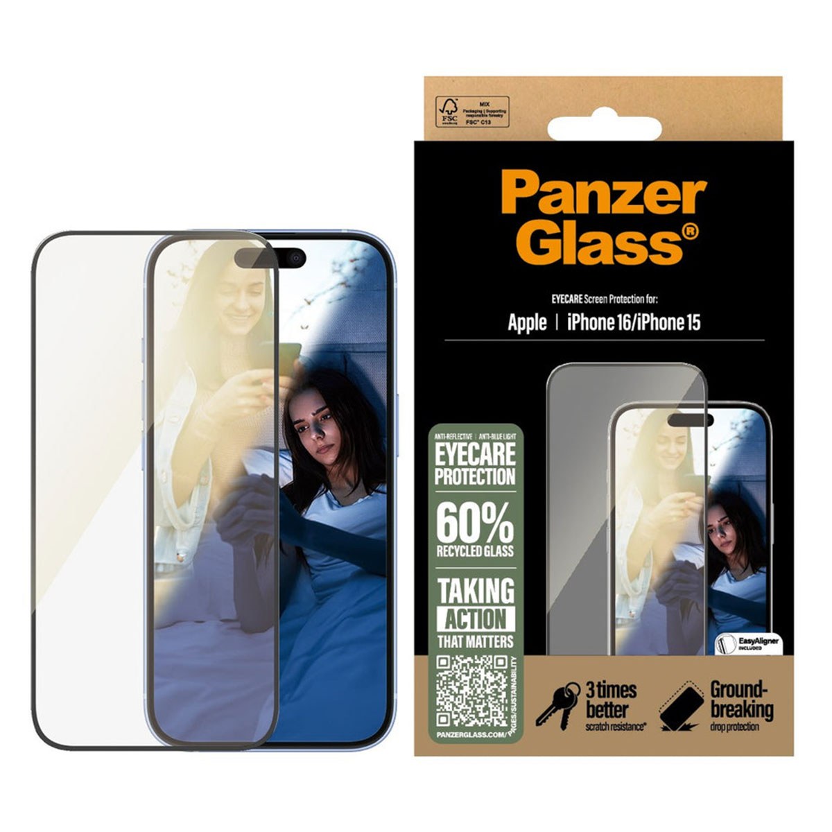 Een doos met schermbeschermers voor een telefoon. De doos bevat afbeeldingen van een telefoon met de beschermer aangebracht.