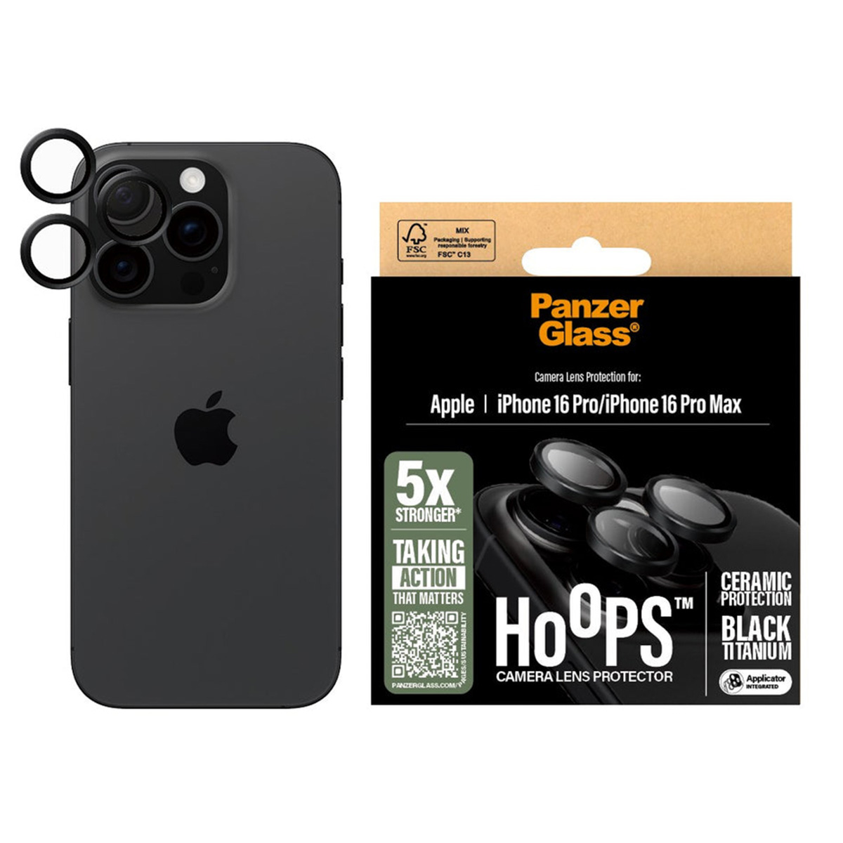 Un iPhone noir, avec des protecteurs d'objectif d'appareil photo noirs, et une boîte d'emballage. La boîte indique Hoops, pour iPhone 16 Pro Max.