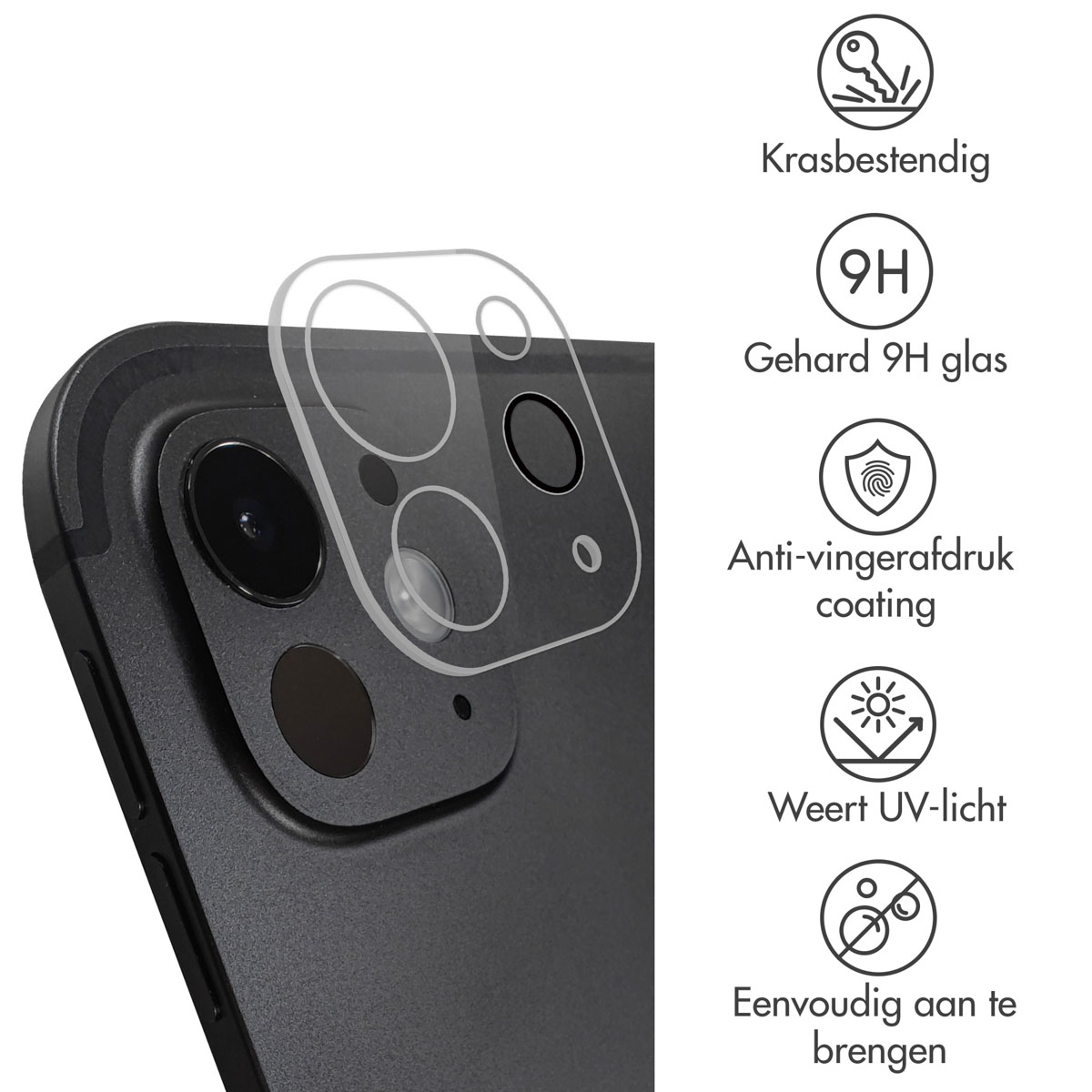 Een close-up van de cameralenzen van een telefoon met een protector erop. De protector is helder.
