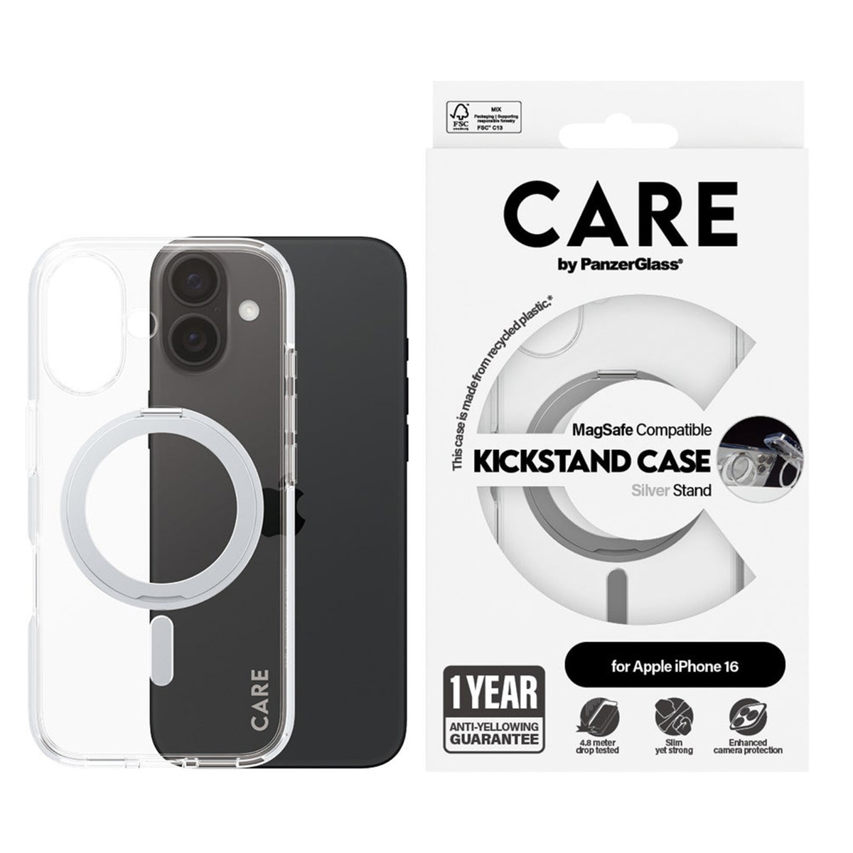 PANZERGLASS Feature iPhone 16 MagSafe Uyumlu Şeffaf Gümüş Ayaklı Telefon Kılıfı Kılıf Transparan