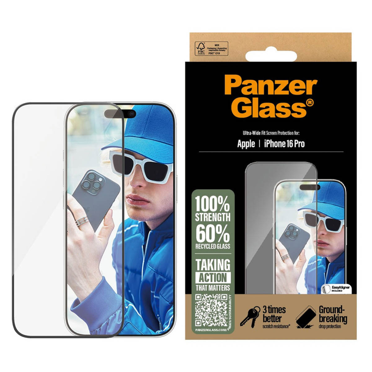 Opakowanie na osłonę ekranu. Przeznaczone jest do iPhone'a 16 Pro. Opakowanie przedstawia mężczyznę patrzącego na swój telefon.