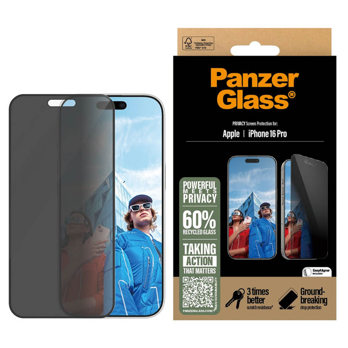 Opakowanie ochraniacza ekranu ze zdjęciami telefonu, osobą i marką PanzerGlass.