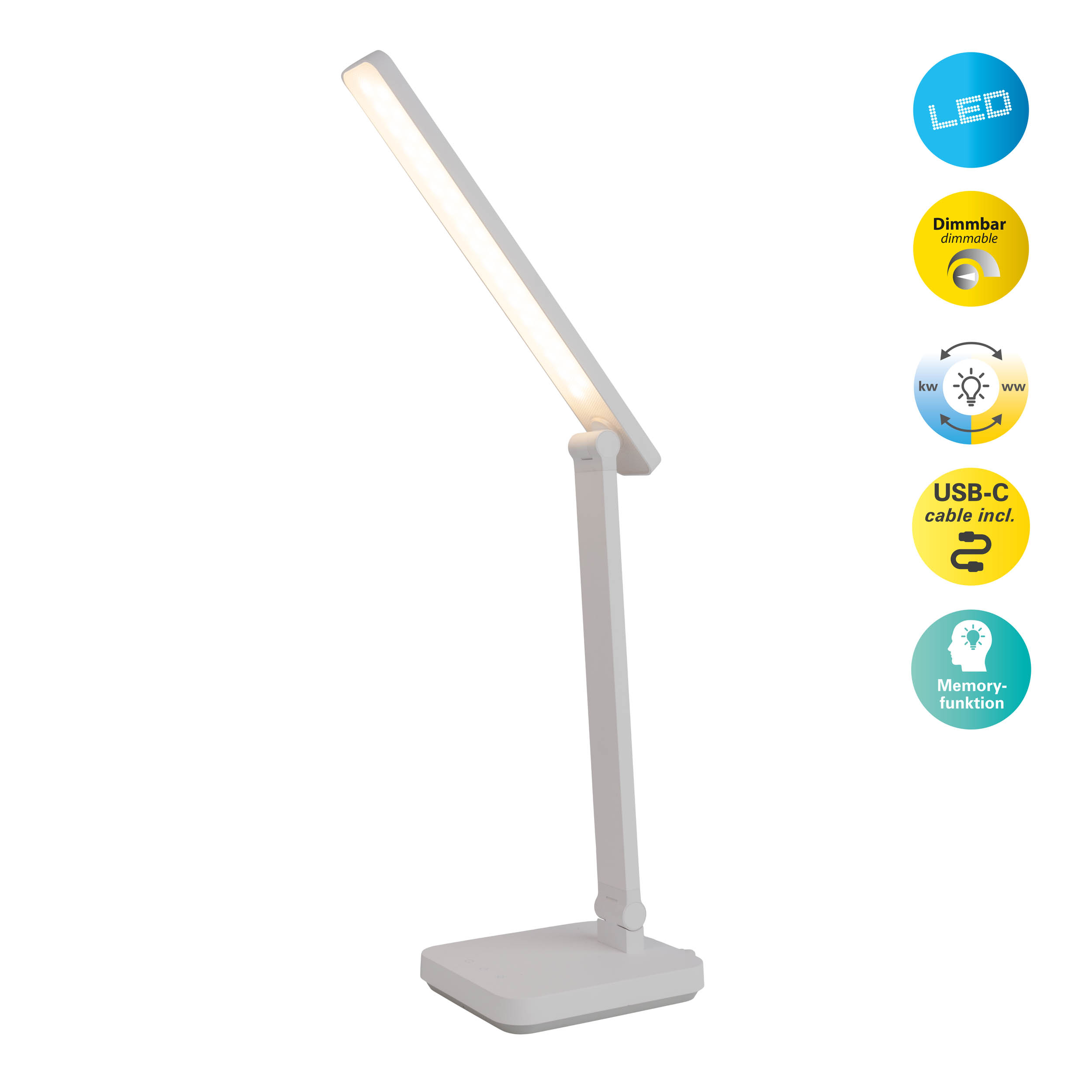 Eine weiße Schreibtischlampe mit einem langen, hellen LED-Licht. Sie hat einen flexiblen Arm und einen quadratischen Fuß.