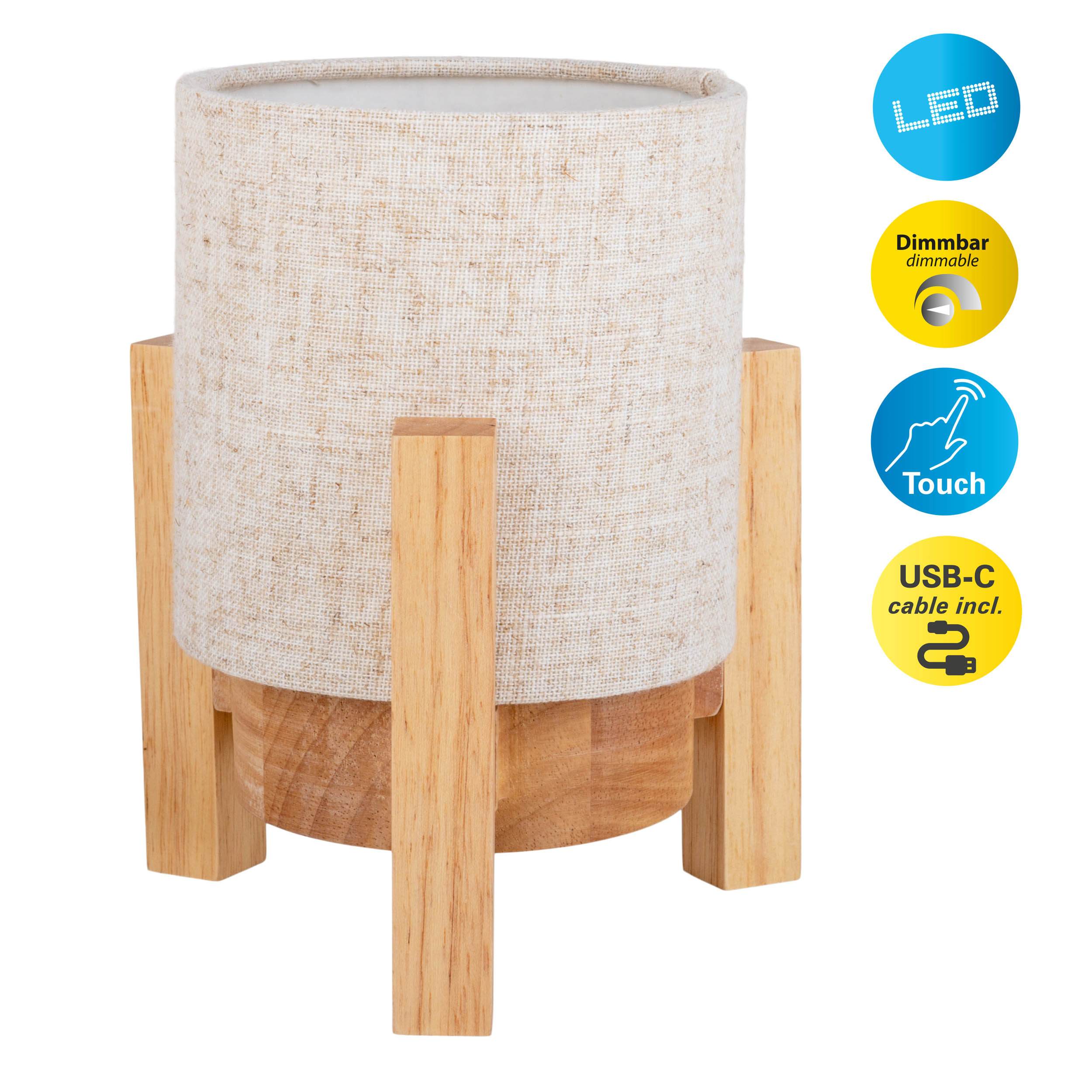 Beiger Stofflampenschirm auf Holzständer mit Touch- und USB-C-Funktionen.