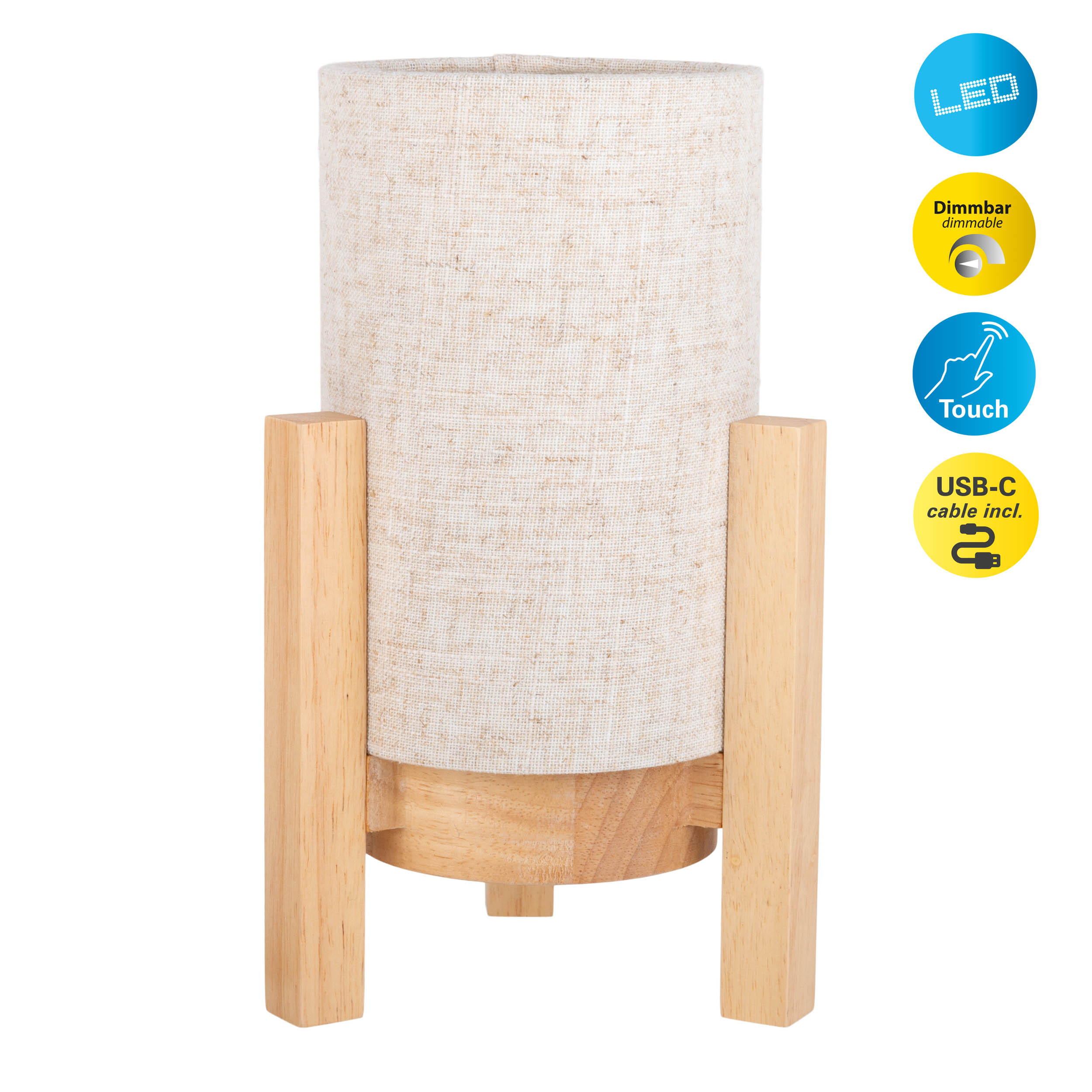 Eine kleine beigefarbene Stofflampe auf Holzsockel mit USB-Kabel und Touch-Bedienelementen.
